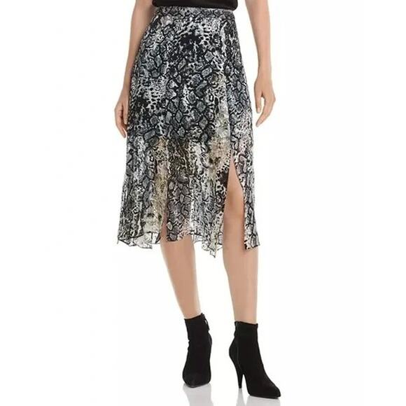 Alice + Olivia Athena Midi Skirt Snakeskin Sheer Slit Flowy | Black White | SZ 6 - Picture 2 of 12